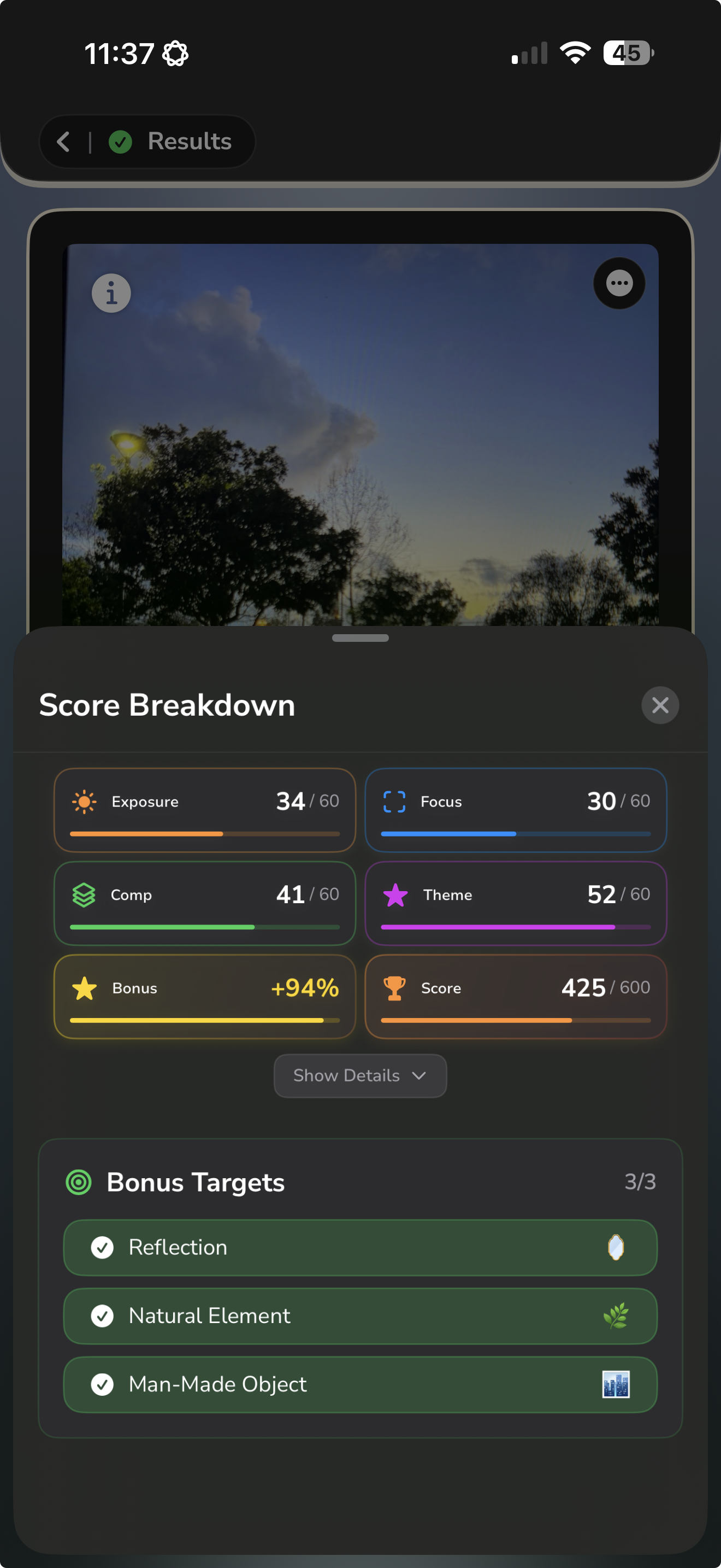 AI score breakdown screen